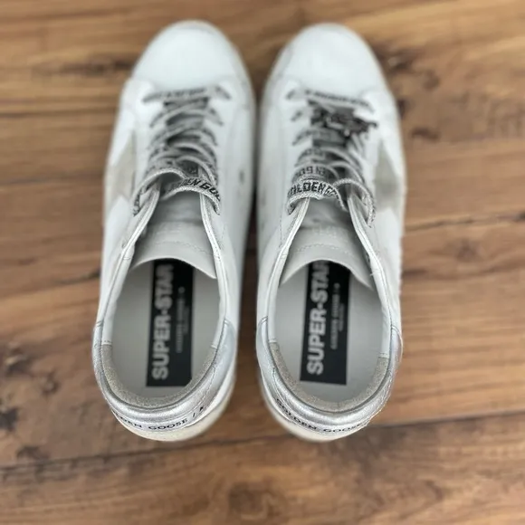 Women’s Golden Goose Super-Star with silver heel and metal stud lettering size40