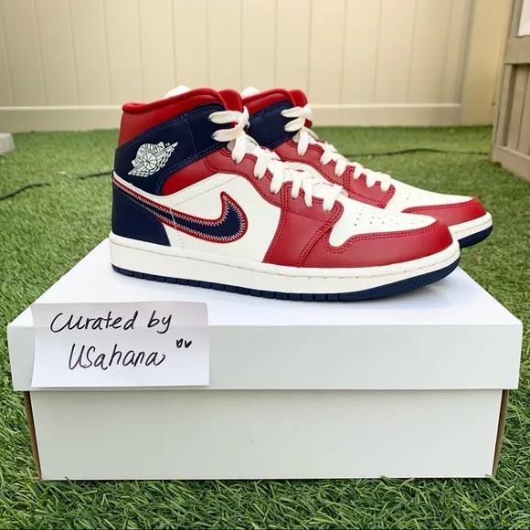 Women’s Nike Air Jordan 1 mid USA White red blue shoes