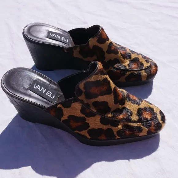 Y2k Van Eli leopard printed pony hair mules